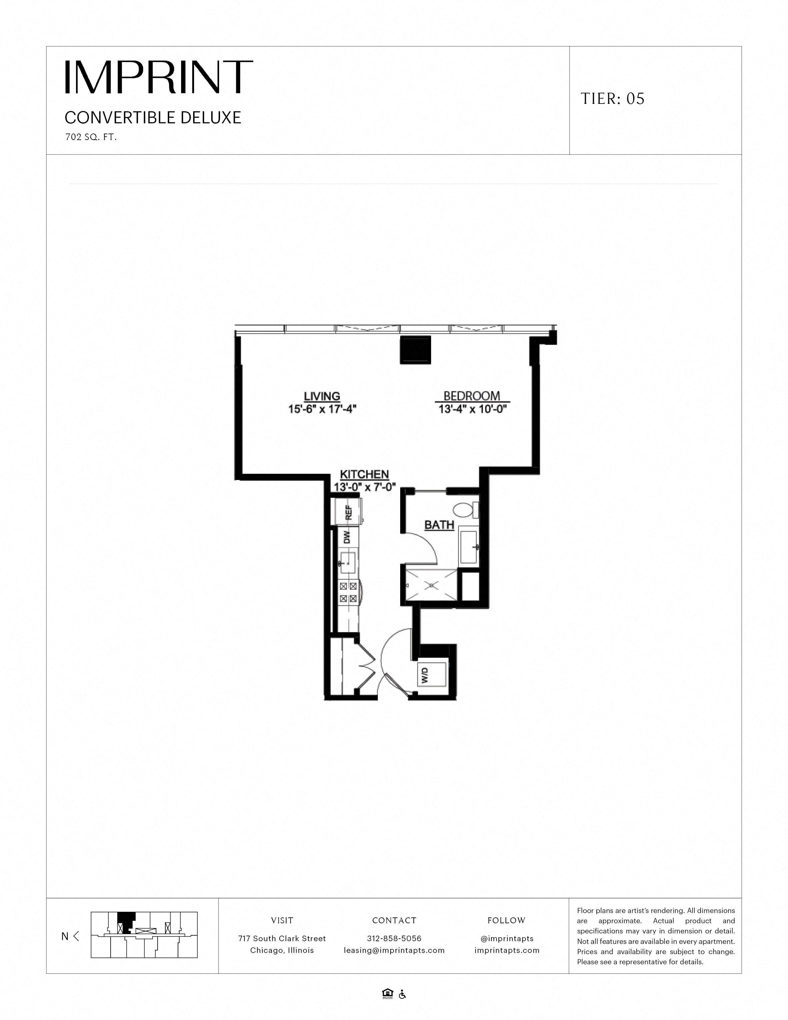Floor plan for studio, 1 bath, 702 sqft